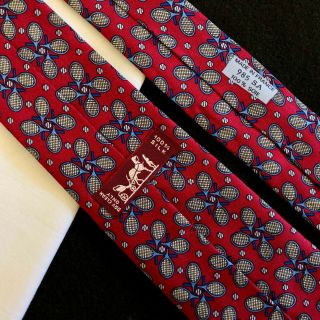 vintage HERMES Paris cardinal red & blue silk Tie Tennis racket print 8