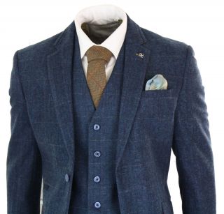 Mens 3 Piece Navy Blue Suit Tweed Check Peaky Blinders Tailored Fit Vintage