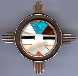 Vintage Zuni Indian Silver Inlaid Turquoise Coral Shell Onyx Sun God Pin Brooch