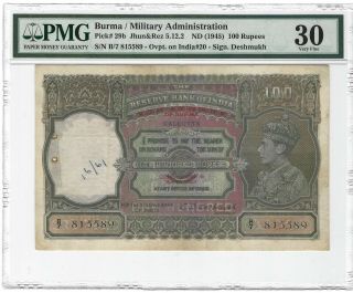 1945 Burma 100 Rupees,  Military Admin P - 29b,  Pmg 30 Vf Rare Ovpt On India 20