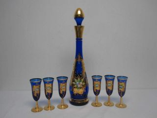 Vintage Made In Italy Cobalt Blue Gold Encrusted W Flowers Decanter & 6 Glasses