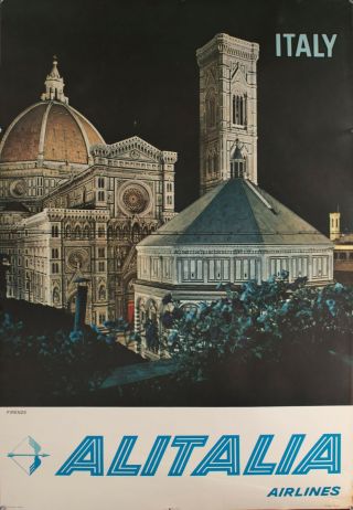 C.  1959 Alitalia Airlines Italy Firenze Travel Poster Vintage