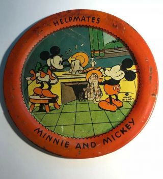 Ohio Art Tin Litho Walt Disney Minnie & Mickey Helpmates 4” Plate