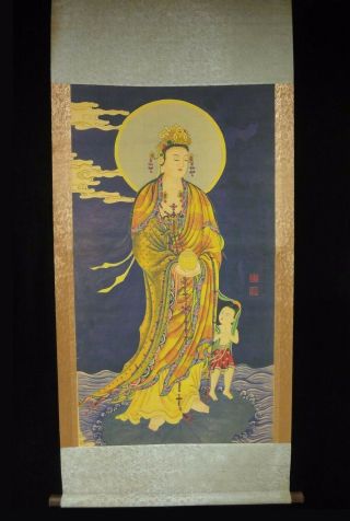 Very Large Old Chinese Scroll Painting Bodhisattva " Dingyunpeng " Marks