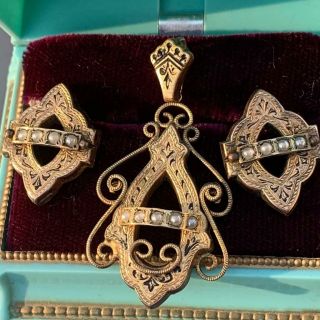 Antique Victorian Gold Filled Enamel Pendant And Earrings Demi Parure