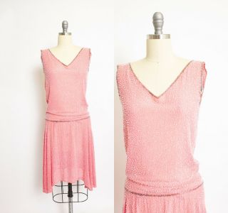 Vintage 1920s Dress Beaded Pink Silk Chiffon Deco Dress Small Xs