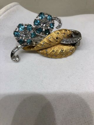 Vintage Jewelry Pennino Silver/gold Tone Faux Aquamarine Rhinestone Brooch