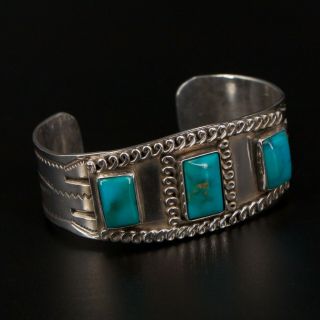 Vtg Sterling Silver - Navajo Stamped Turquoise Stone 6.  5 " Cuff Bracelet - 52.  5g
