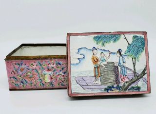 Antique Chinese Painted Canton Enamel Box With Characters Scene
