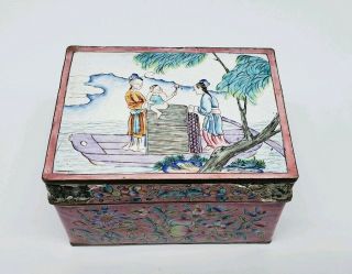 ANTIQUE CHINESE PAINTED CANTON ENAMEL BOX WITH CHARACTERS SCENE 2