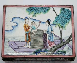 ANTIQUE CHINESE PAINTED CANTON ENAMEL BOX WITH CHARACTERS SCENE 3