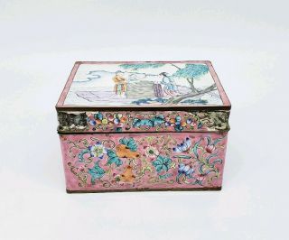 ANTIQUE CHINESE PAINTED CANTON ENAMEL BOX WITH CHARACTERS SCENE 6
