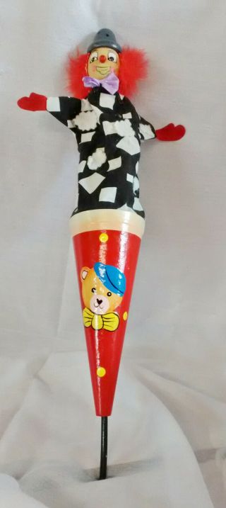 Vintage Pop - Up Fabric And Wood Clown On A Stick In A Cardboard Cone Puppet Toy