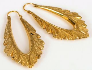 Vtg 14k Yellow Gold Flashy Earrings Double Sided Floral Feather Hoop Hanging