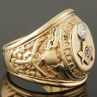 Rare Solid 10K Yellow Gold,  Blue Enamel & Diamond US Air Force Masonic Ring,  NR 2