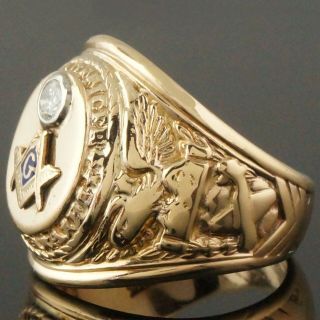 Rare Solid 10K Yellow Gold,  Blue Enamel & Diamond US Air Force Masonic Ring,  NR 3