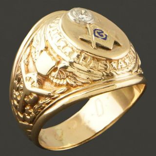 Rare Solid 10K Yellow Gold,  Blue Enamel & Diamond US Air Force Masonic Ring,  NR 4