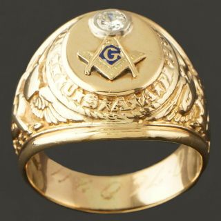 Rare Solid 10K Yellow Gold,  Blue Enamel & Diamond US Air Force Masonic Ring,  NR 5