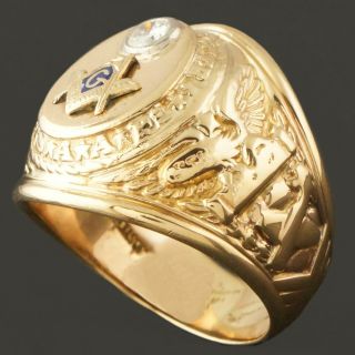 Rare Solid 10K Yellow Gold,  Blue Enamel & Diamond US Air Force Masonic Ring,  NR 9