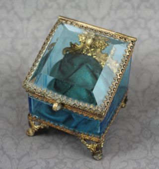 Antique Gilt Ormolu Beveled Edged Blue Glass & Silk Lined Pocket Watch Casket