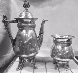 Antique Aesthetic Victorian Silver Plate Coffee Pot & Spooner Repousse Peacocks