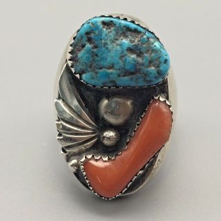 Vintage Turquoise & Coral Sterling Silver Ring By Richard Henry Yazzie