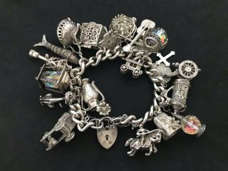 Huge Vintage Sterling Silver Charm Bracelet With 22 Silver Charms.  136 Grams