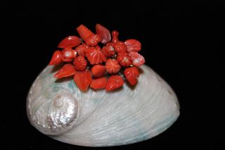 Antique Chinese Victorian Carved Red Coral Gold Filled Brooch Pin