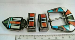 Vintage Zuni Multistone Mosaic Inlay 4 Piece Ranger Belt Set,  3/4 "