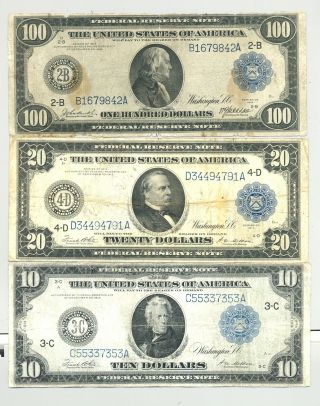 $10,  $20 And Rare $100 Series 1914 Federal Reserve Notes