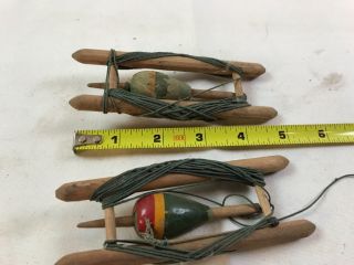 2 Vintage Antique Fishing Tackle Wood Bobber Float W/hand Jig Rig 63