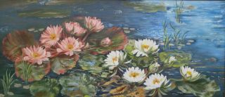 Old Vintage 60s Artist Signed Oil Painting Water Lily Lillies Pond
