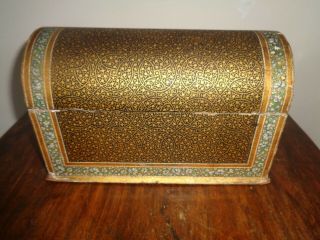 Antique Kashmir / Islamic / Indian Wooden Letter Chest Box Gold Metal Effect