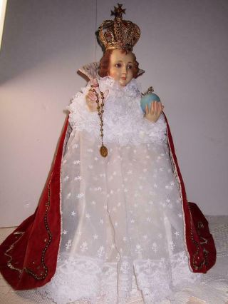 Vintage Resin Infant Of Prague Statue Dressed Infant Chaplet Blue Glass Eyes 20 "