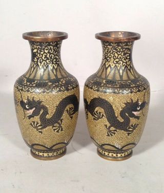 Pair Antique Chinese Cloisonne Vases W Dragons And Waves