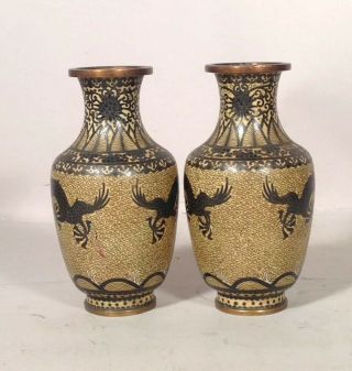 PAIR Antique Chinese Cloisonne Vases w DRAGONS AND WAVES 2