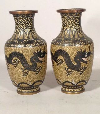 PAIR Antique Chinese Cloisonne Vases w DRAGONS AND WAVES 3