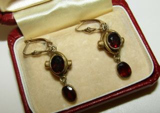 Unusual,  One Of A Kind,  Victorian 9 Ct Gold Earrings With Royal Garnet Gems