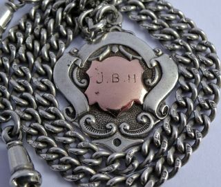 Fantastic fully hallmarked solid silver double pocket watch albert chain & fob 2