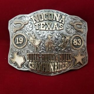 Rodeo Buckle Vintage 1983 Nocona Texas Bull Riding Champ.  Signed Engraved 747