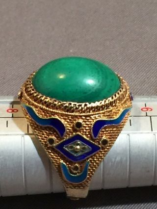 Antique Chinese Silver Gilt Enamel Malachite Ring