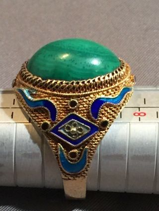 Antique Chinese Silver Gilt Enamel Malachite Ring 2