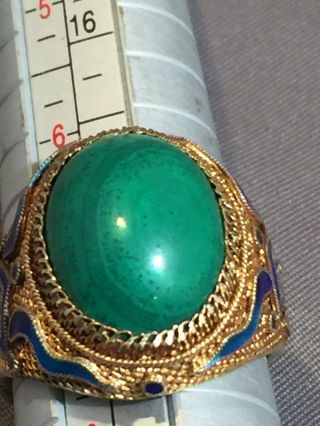 Antique Chinese Silver Gilt Enamel Malachite Ring 3