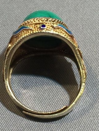 Antique Chinese Silver Gilt Enamel Malachite Ring 7
