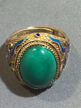 Antique Chinese Silver Gilt Enamel Malachite Ring 8