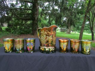 Northwood Grape & Cable Antique Carnival Glass Complete 7 Pc.  Water Set Green