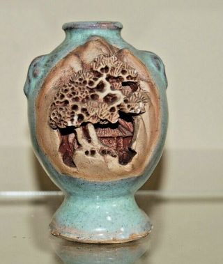 Antique Japanese Banko Ware Carved Pottery Vase Pagoda Landscape