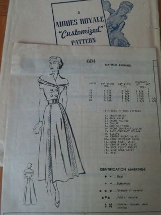 Modes Royale 604 50s 1950s Designer Vintage Dress Sewing Pattern Size 16 Bust 36