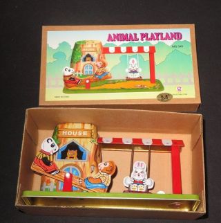 Wind - Up Tin - Litho Toy Animal Playland Rabbit Swing Teeter Totter W/ Box (m632)