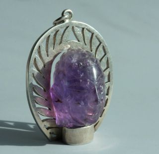 Rare Large Vintage Carved Purple Amethyst Buddha Sterling Silver Pendant